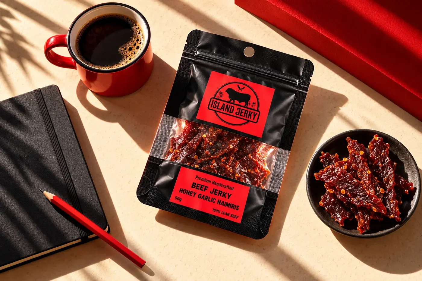 Island Jerky, coffee and a notebook arranged for a desk-day snack break