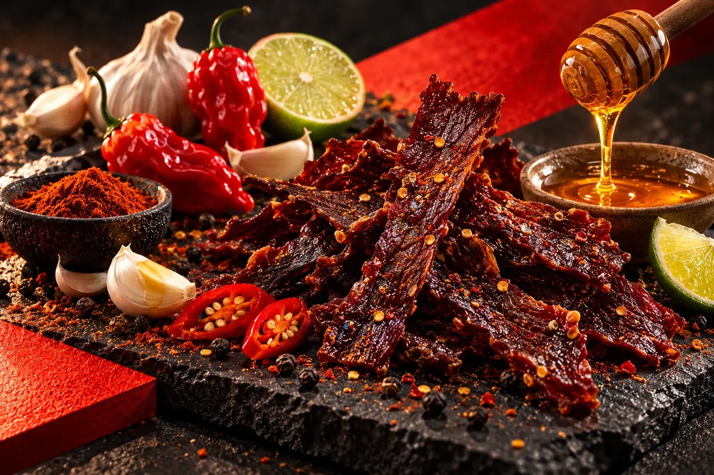 Nai Miris chilies, garlic, honey, lime, pepper and beef jerky on black slate