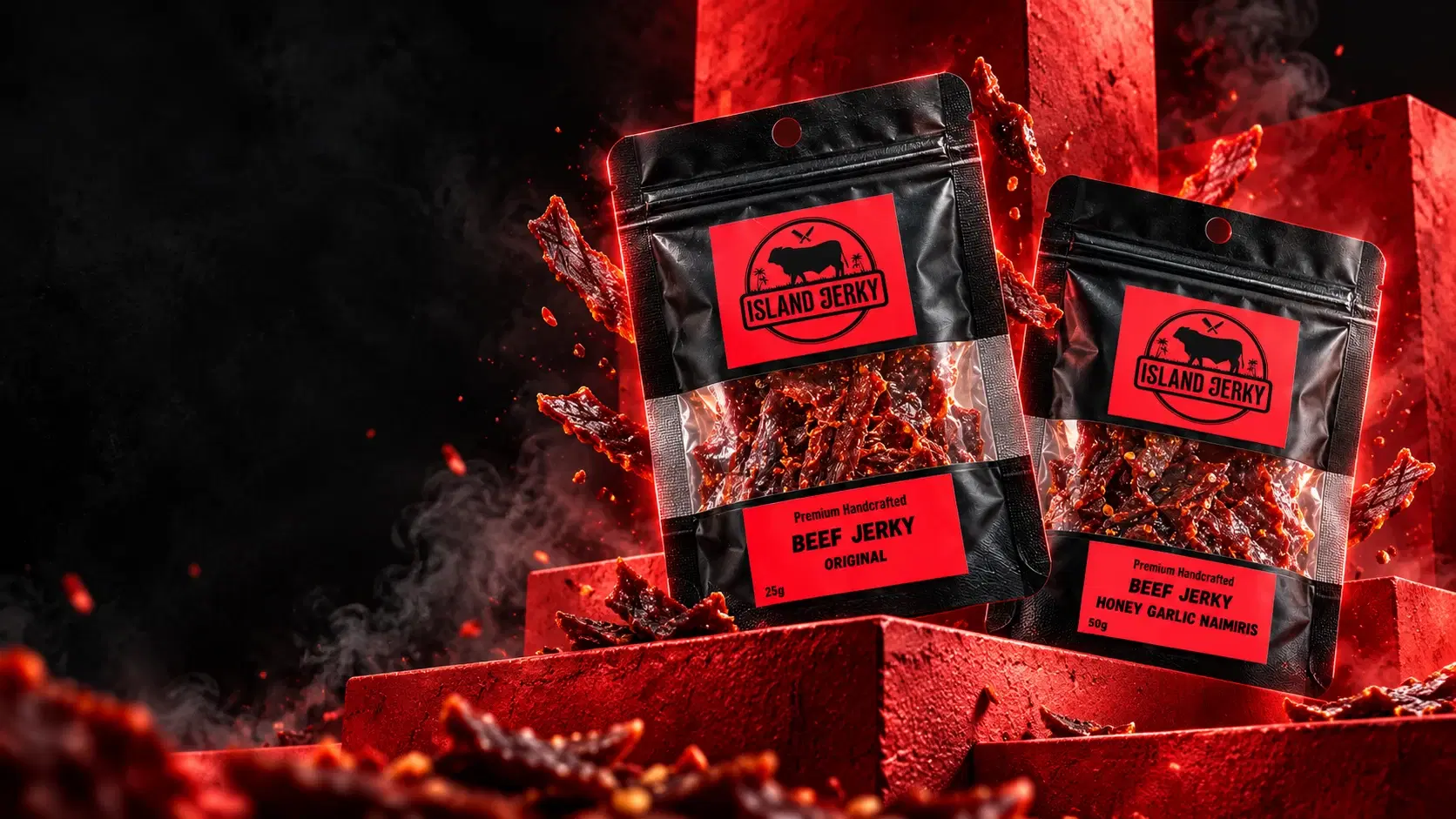 Original and Honey Garlic Nai Miris pouches in a bold red studio scene