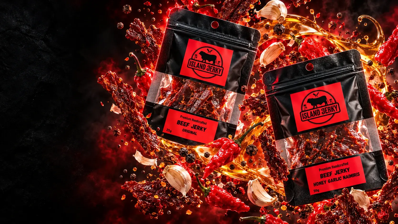 Island Jerky surrounded by beef jerky, honey, garlic and Nai Miris chilies