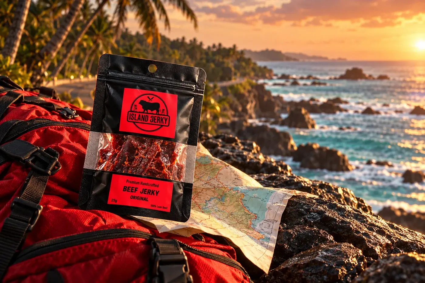 Island Jerky on a red travel bag beside the Sri Lankan coast