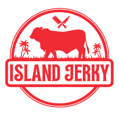 Island Jerky official logo, red artwork on a transparent background